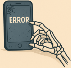 Die Chance, daß eine App noch in 100 Jahren funktioniert ist wohl eher gering Ein verstaubtes Handy das von einer Skeletthand bedient wird. Auf dem Display steht groß: error