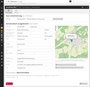 Ein Screenshot auf der eine Adresse via Openstreetview überprüft und zugeordnet werden kann
