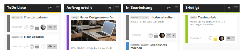 Screenshot des Ticketsystems. Darstellung als Kanbanbord.